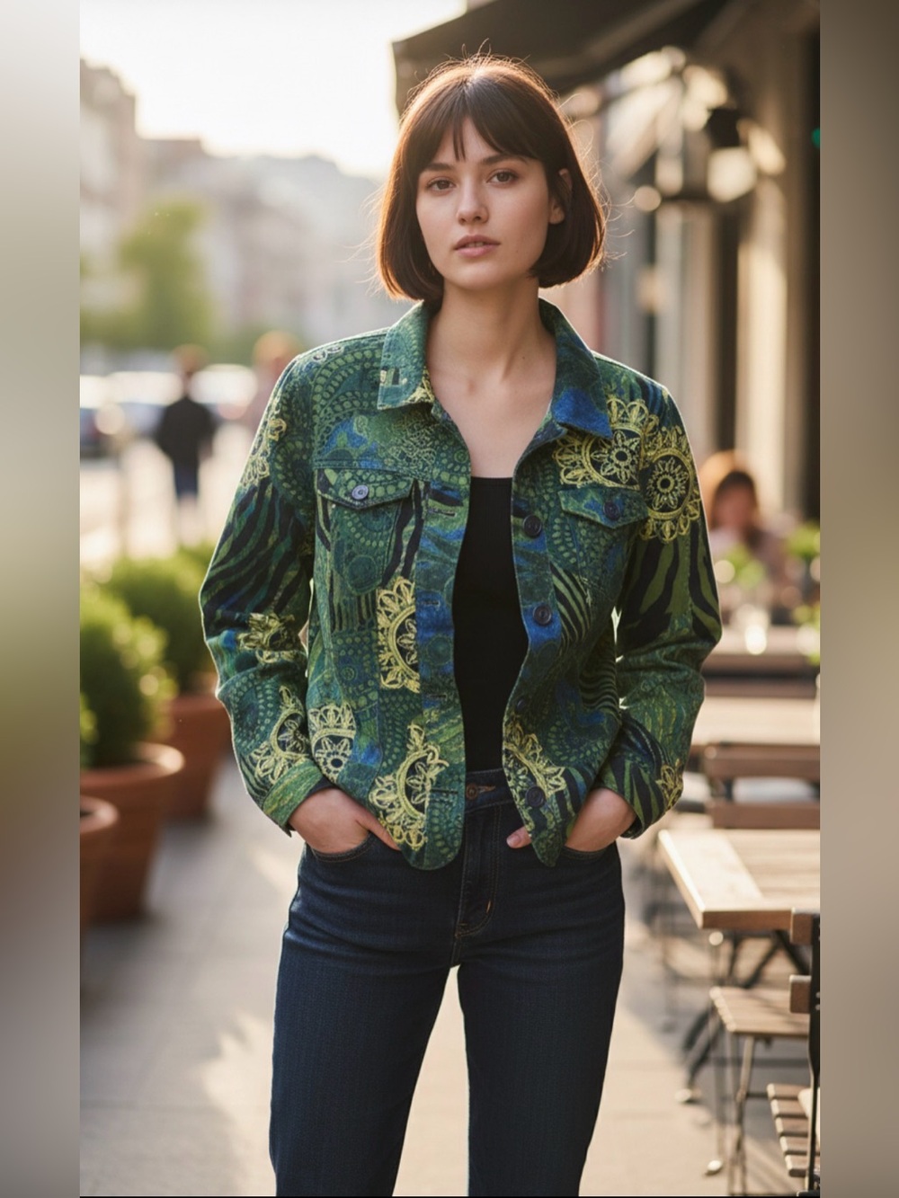 Women's Medium Green Blue Button Jacket Funky Artsy Gothic Animal‎ Print Paisley